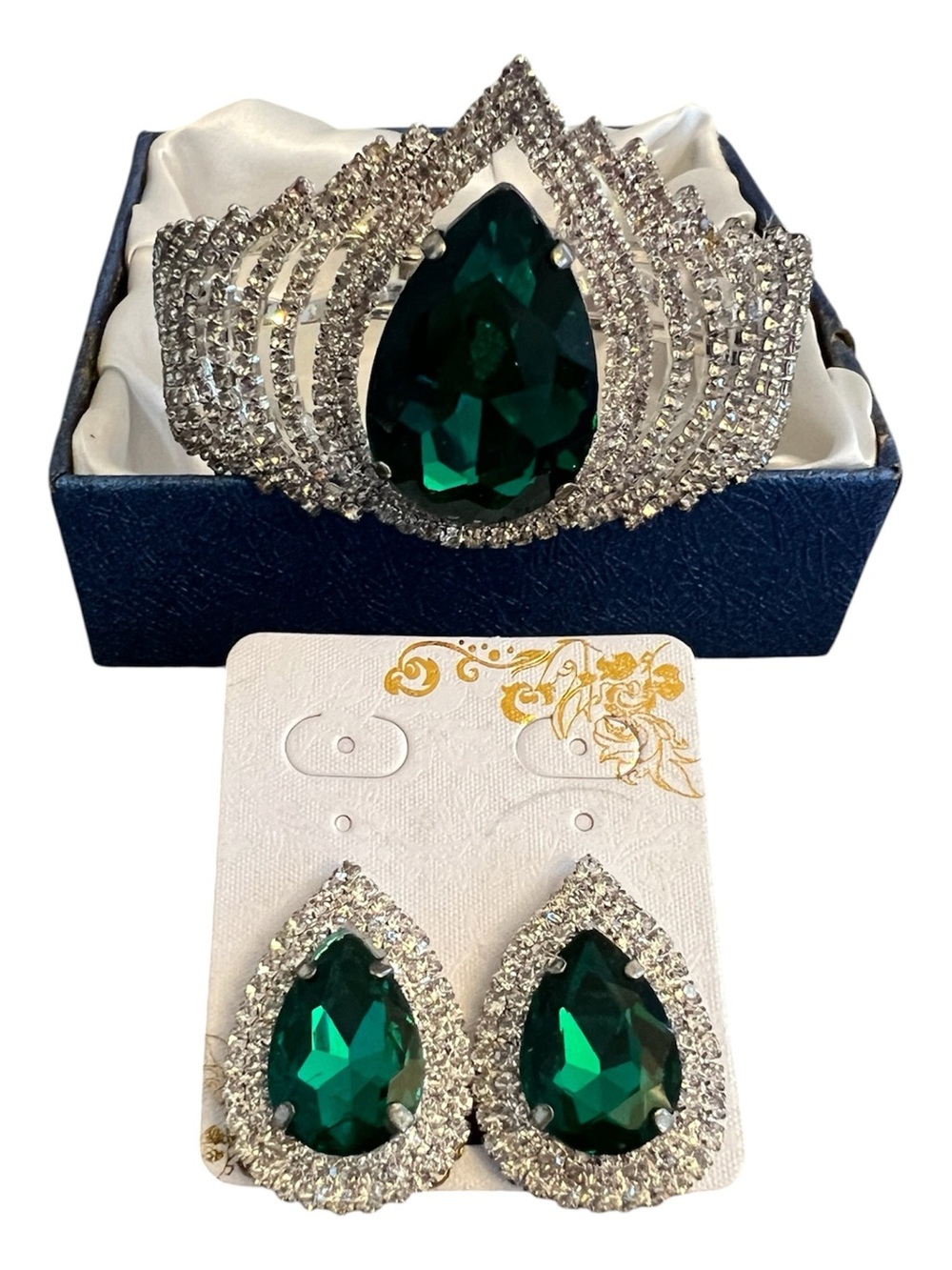 Green Teardrop Rhinestone Cuff Bracelet & Earrings Jewelry Set